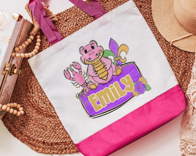 Featured listing image: Personalized Mardi Gras Alligator Tote Bag
