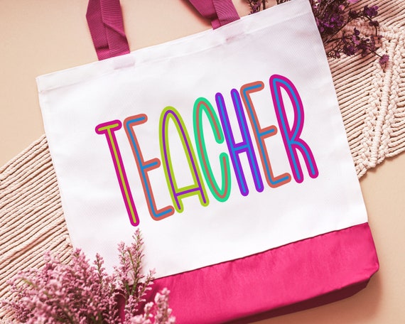 cute teacher tote bag for books, best gifts for teacher appreciation gifts from students, neon tote bag for school, preschool teacher gifts