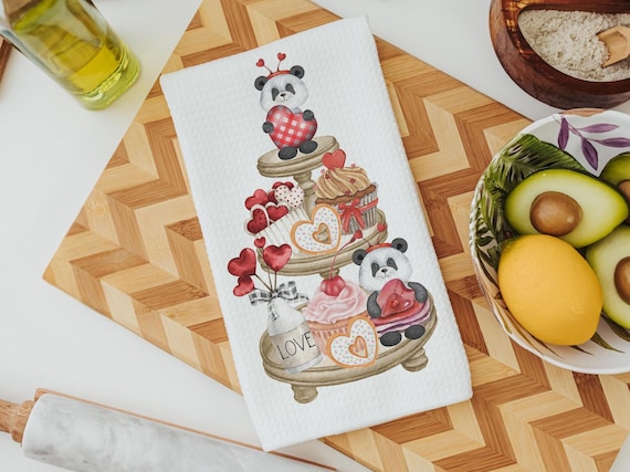 cute panda bear Valentines Day dish towel, home decor gift kitchen towels for Valentines panda hand towels for couples, Galentines Day gifts