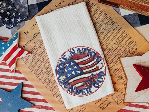 one nation under God American flag kitchen towel, 4th of July kitchen decor, patriotic decor for home, Pledge of Allegiance decor, hostess