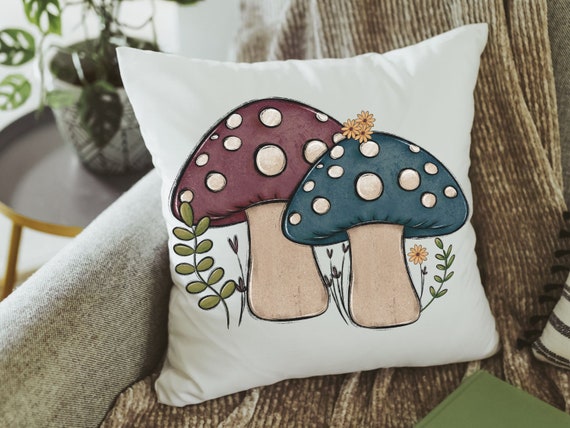 teal mushroom throw pillows for couch, dusty mauve toadstool decor, mushroom gifts for women, cottagecore decor, accent pillows for bedroom