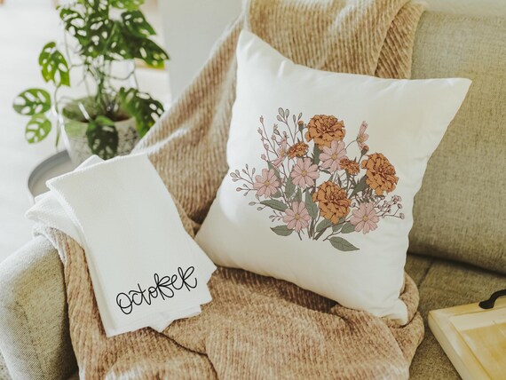 blush pink cosmos & orange marigold throw pillow for bed, October birthday kitchen towels, October birth month flower gifts for her, best