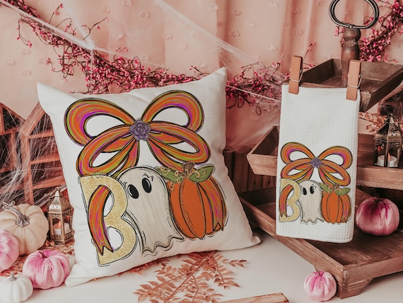boo Halloween throw pillows for chair, boo basket gifts for her, cute ghost Halloween kitchen towels, spooky season gifts, fall host gift