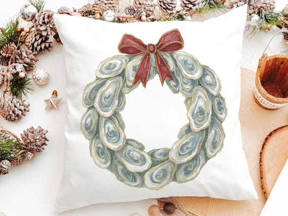 oyster Christmas wreath throw pillows for guest room, holiday hosting decor home decor gift, oyster shell Christmas decorations for gifts