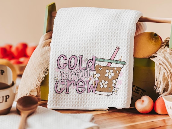 cold brew crew coffee kitchen towels for friends, iced coffee lover coffee bar decor, coffee Christmas gifts for coworkers, coffee gifts for