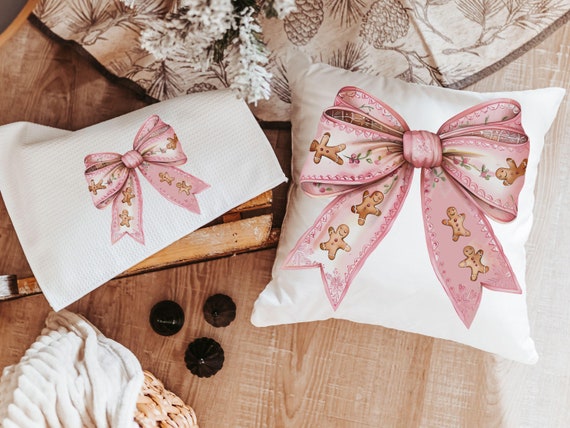 pink gingerbread throw pillow for couch, coquette Christmas kitchen towels for friends, grand millennial Christmas decor for home, cute