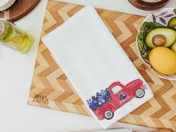 red truck farmhouse kitchen towel for Mom, Texas state flower bluebonnet gifts for women, moving to Texas gifts for her, wildflower hand