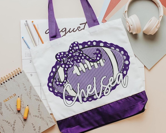 personalized powderpuff football tote bag with name, purple school pride cheer gifts for girls, back to school gifts for teenage girls, cute