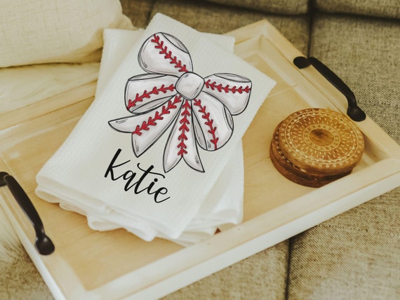 personalized baseball coquette kitchen towels with name, girly baseball bathroom decor, baseball mom gifts, baseball sister rally towel