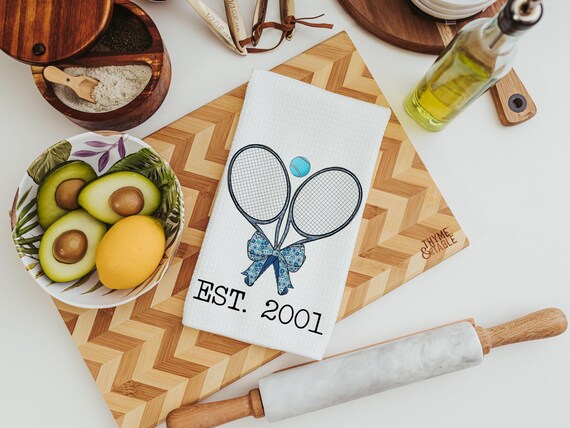 personalized cute tennis kitchen towel for Spring, tennis coquette kitchen decor, tennis gifts for women, tennis player gifts, girly sports