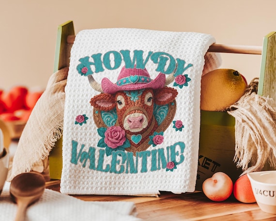 cowgirl Valentines hand towels for besties, cute cow gifts for cow lovers, funny kitchen towels for couples, Howdy Valentines day gifts for
