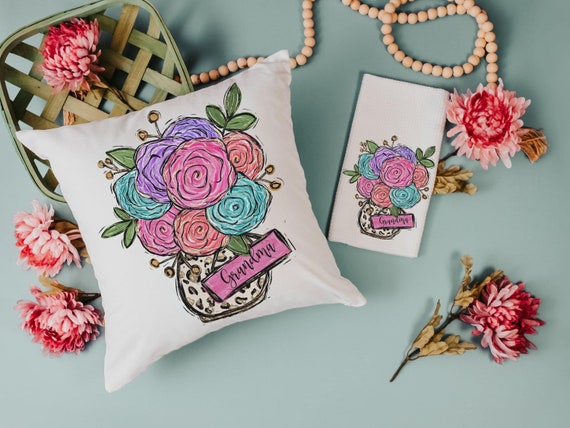 Custom floral throw pillow for bedroom, personalized Mothers day gift for Grandma, Mothering Sunday gifts, leopard print name pillow for