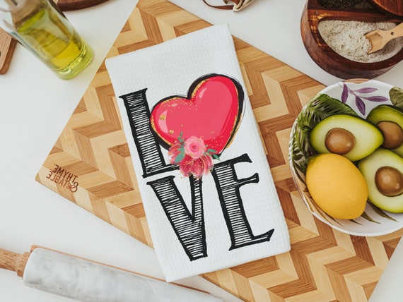 love kitchen towels for couples, Valentines Day kitchen decor, red heart kitchen hand towels, Valentines Day gifts for girlfriend, moving in