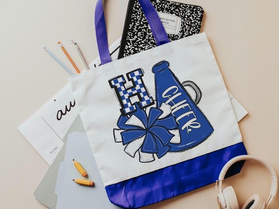 personalized royal blue cheerleader tote bags for girls, back to school gifts for college students, initial tote bag for school, cheer mom
