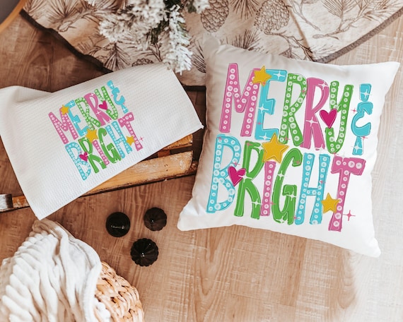 merry and bright Christmas throw pillows for couch, pink Christmas decor, colorful Christmas kitchen towels for gifts, cute Christmas gifts