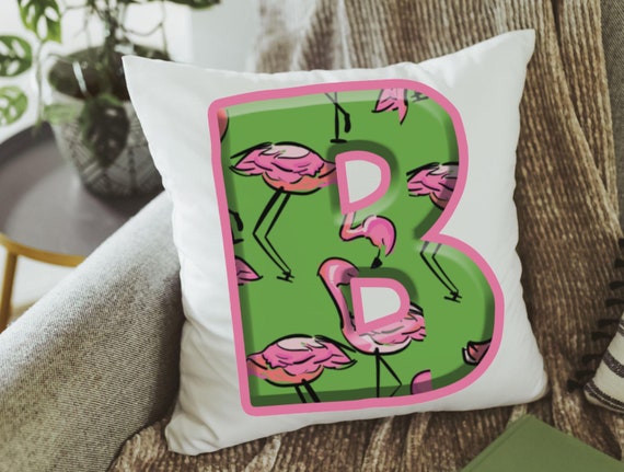 custom pink flamingo throw pillow for couch, lanai decor, tropical decor, cute flamingo gifts for her, personalized lime green initial throw