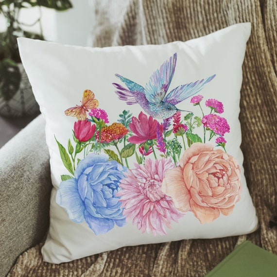 hummingbird throw pillow for Spring decor for home, hummingbird gifts for mom, trendy Mothers day gifts for step mom, wildflower throw