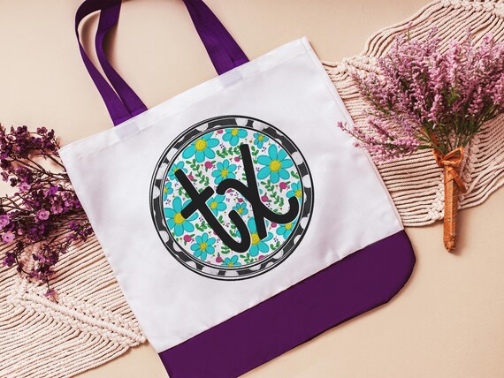 turquoise floral Texas tote bag for new homeowners, Texas Christmas gifts for neighbors, TX bag for gift, moving to Texas gifts for women