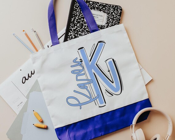 Personalized columbia blue initial tote bag