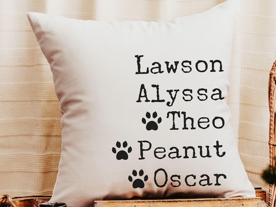 personalized family names throw pillow for couch, pet name pillow, unique wedding gifts for couple, cat parents gift, modern farmhouse decor