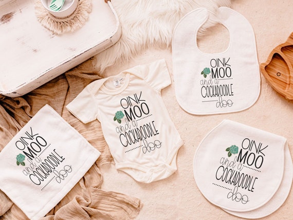 oink moo cockadoodle doo party outfit for baby girl coming home outfit, farm baby shower gift set, cute baby bibs, cow lovey blanket for