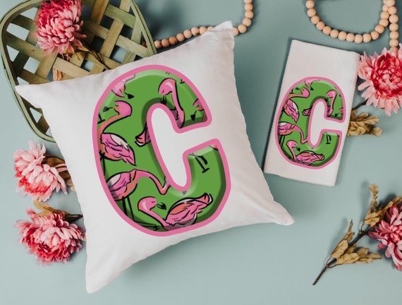 custom pink flamingo initial throw pillow for couch, personalized flamingo kitchen towels cute flamingo gifts for her, beach house gift set