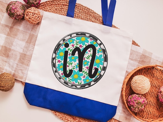 cute Indiana flower tote bag for school, Indiana gifts, turquoise floral shopping tote for daughter, Indiana Christmas gifts for neighbors