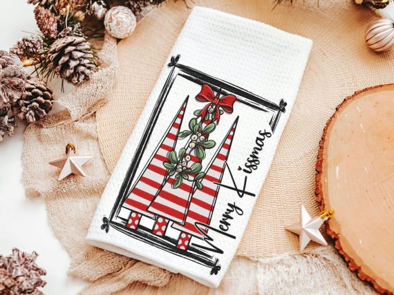 merry kissmas Christmas kitchen towels, cute Christmas housewarming gifts for couple, candy cane Christmas tree Christmas kitchen hand towel