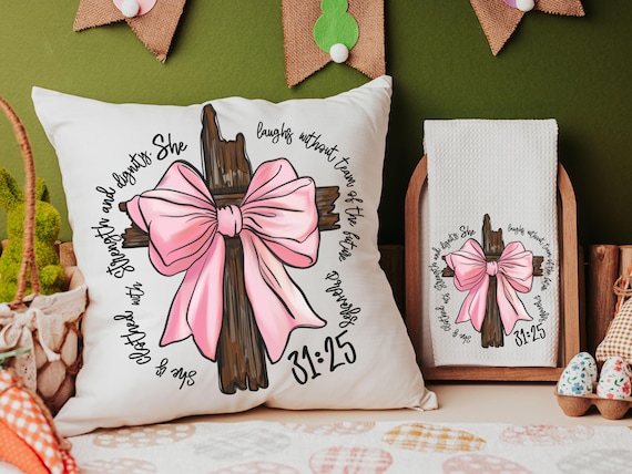 she is clothed in strength Bible verse throw pillows for couch, Christian coquette kitchen towels, Proverbs 31 bridal shower gifts for bride