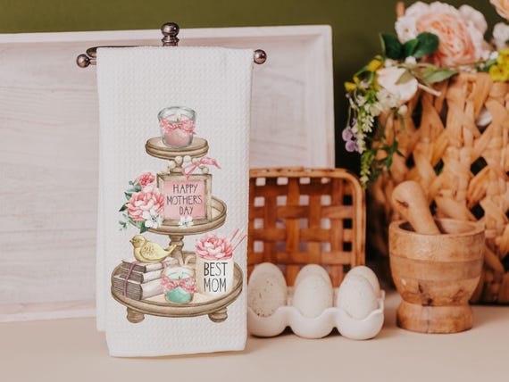 happy Mothers Day kitchen finds, blush pink kitchen towel for Mom, tier tray kitchen decor, best mom Mothers day gifts from kids, floral