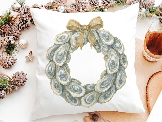 oyster shell Christmas wreath throw pillows for couch, holiday hosting decor home decor gift, oyster Christmas gifts for colleagues, coastal