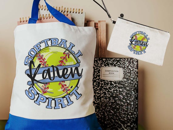 Personalized spirit softball tote bag & wristlet with zipper