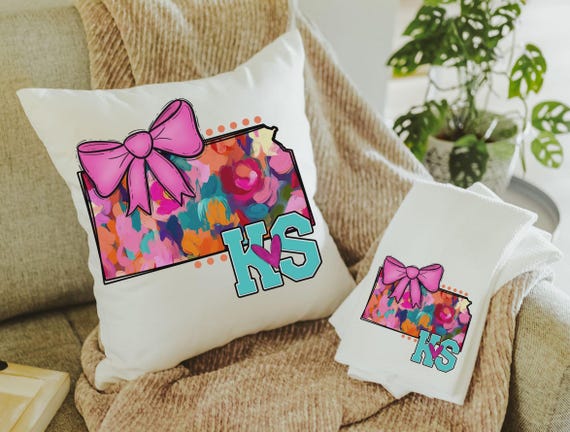 Kansas throw pillows for couch trendy dorm decor for college girls, pink coquette bow kitchen towels for gifts, first apartment gift set for