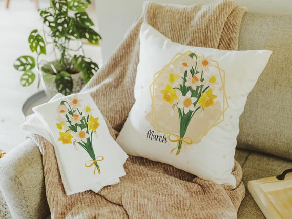 custom birth flower throw pillow for sofa, daffodil kitchen towel, March birthday gifts for women, plant mom gift, cottagecore room decor