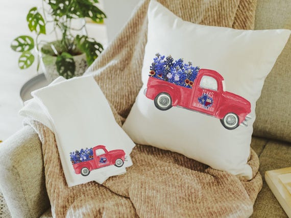red truck farmhouse throw pillow for couch, Texas bluebonnet gifts, floral Texas hand towels for bathroom, moving to Texas gifts for women