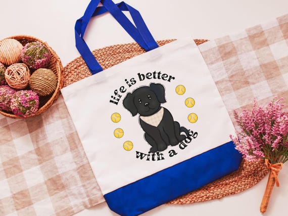 life is better with dogs black lab tote bag for women, stocking stuffers for dog mom Christmas gifts for dog lovers, black Labrador gifts