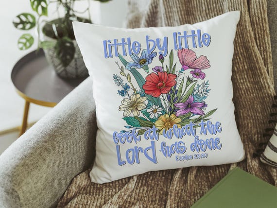 little by little look at what the Lord has done Bible verse decorative pillows for girls, wildflower Christian throw pillow covers 18 x 18
