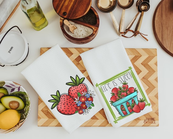 strawberry kitchen towels for Spring, life is sweet kitchen hand towels, summer decor for home, fruit kitchen decor, cute dish towels for