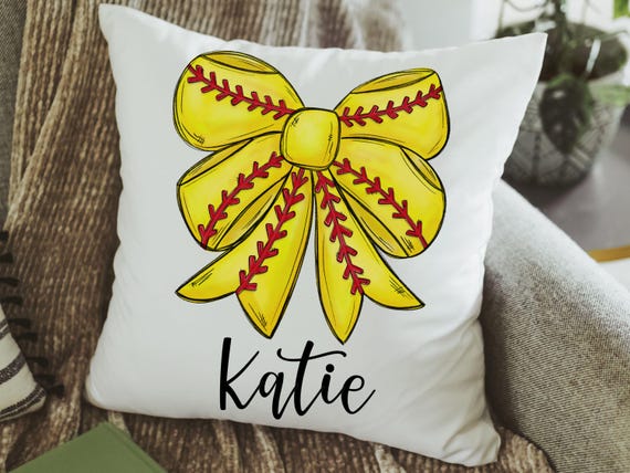 personalized softball coquette throw pillow for bed, softball bow accent pillows for couch, softball gifts for girls, softball mom gifts