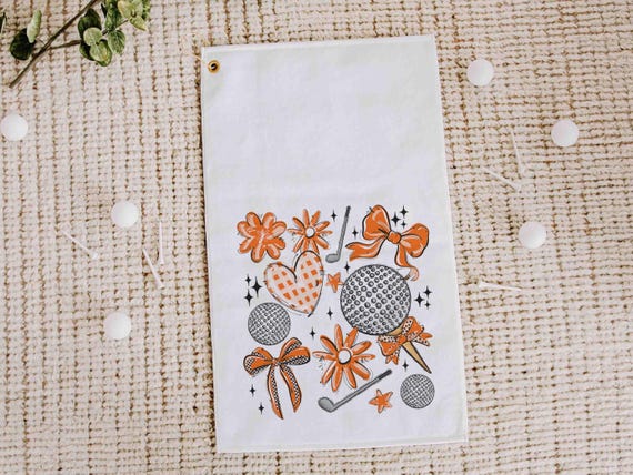 golf coquette golf towels for her, orange school spirit golf bag accessories for women, cute golf Christmas gifts for golfers, girly golf