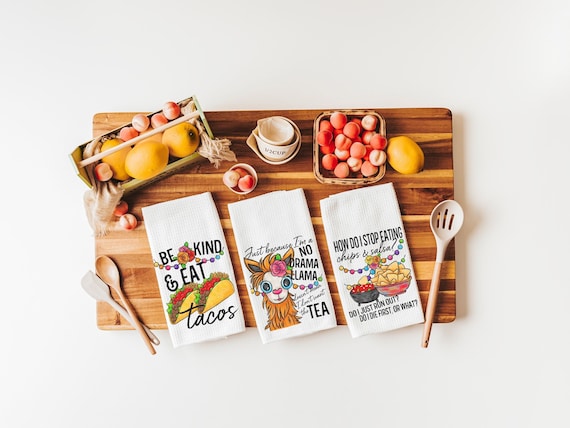 sassy kitchen towels for family, chips and salsa fiesta decor, taco gifts, funny hand towels for kitchen, no drama llama gifts for women