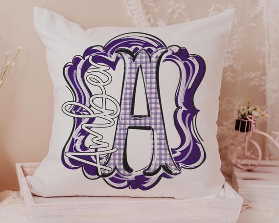 Personalized Purple Gingham Initial Throw Pillow