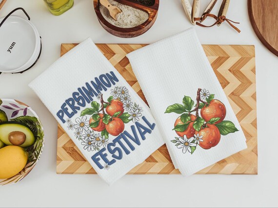 persimmon festival fruit kitchen towels for summer hand towels for bathroom, persimmon decor, Indiana gifts, persimmon botanical kitchen