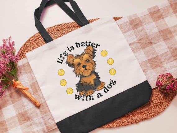 life is better with dogs Yorkshire terrier tote bag for women, cute Mothers day gifts from dog lover tote bag for books, Yorkie gifts, best