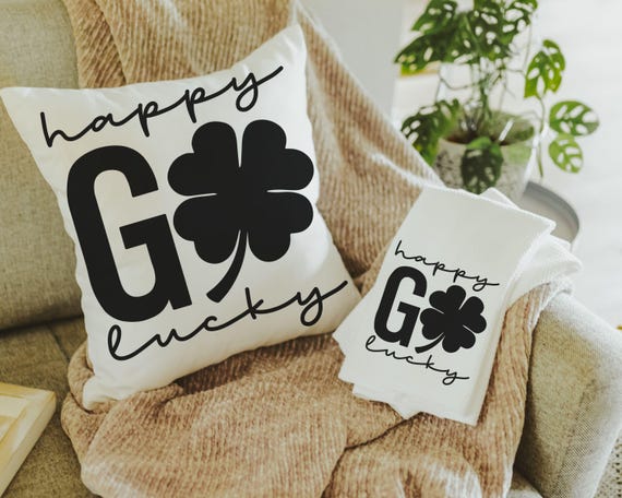 happy go lucky St Patricks day throw pillows for couch, St Patricks day kitchen towels, St Pattys decor, shamrock hand towels for bathroom