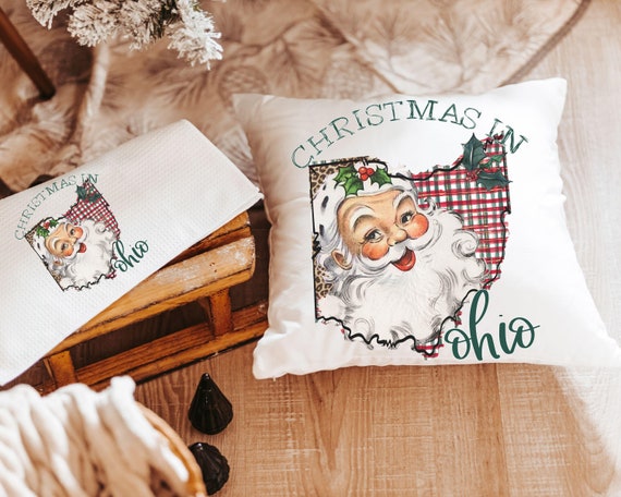 custom state Christmas throw pillows for sofa, Santa Claus Christmas kitchen towels, Columbus Ohio home decor Christmas gifts for neighbors