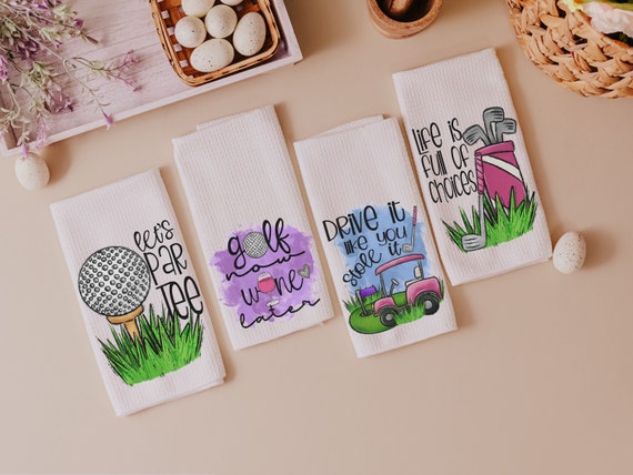 lets par tee funny golf kitchen towels, drive it like you stole it golf hand towels for bathroom, golf now wine later golf gifts for women