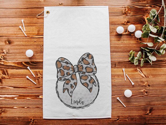 personalized leopard print golf coquette golf towel with name, trendy golf Christmas gifts for golfers, girls golf team gifts, golfing gear