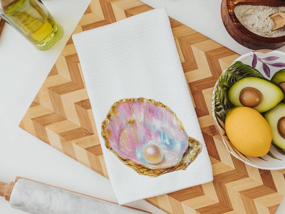 coastal kitchen towels for daughter, opalite pearl oyster hand towels for bathroom beach Christmas gifts for new homeowners, nautical decor