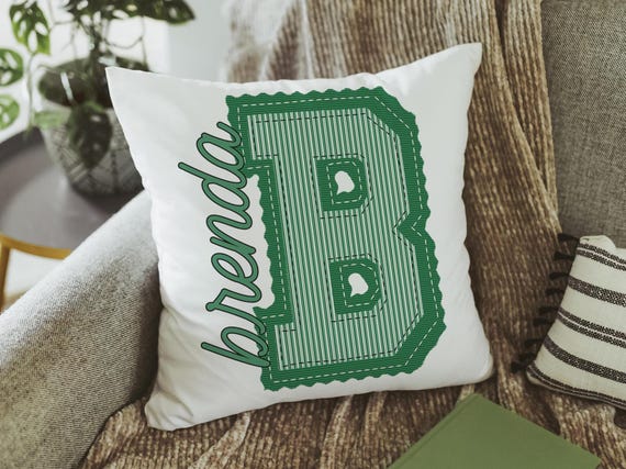 personalized kelly green initial pillow for dorm room, college student gift, seersucker stripe throw pillow with name on it, school spirit